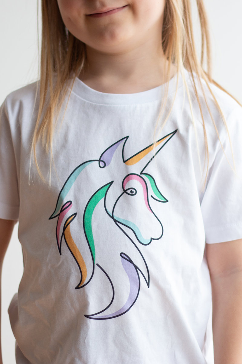 A sustainable fashion shirt with a unicorn